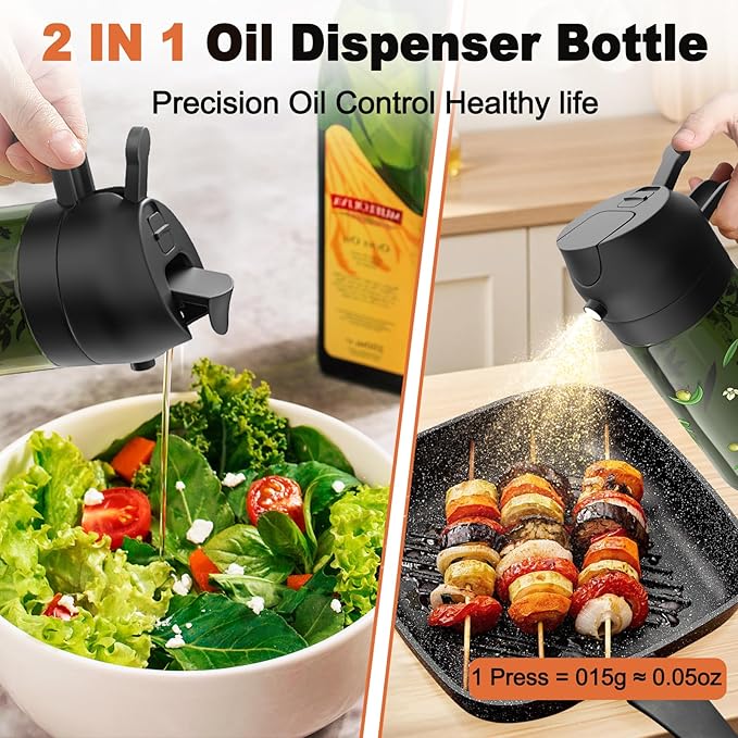 COOLMI Oil Sprayer for Cooking, 2 in 1 Olive Oil Dispenser Bottle Set for Kitchen, Food-Grade Glass Green Oil Vinegar Bottle Container - 16OZ/470ML Set of 2 (Black)
