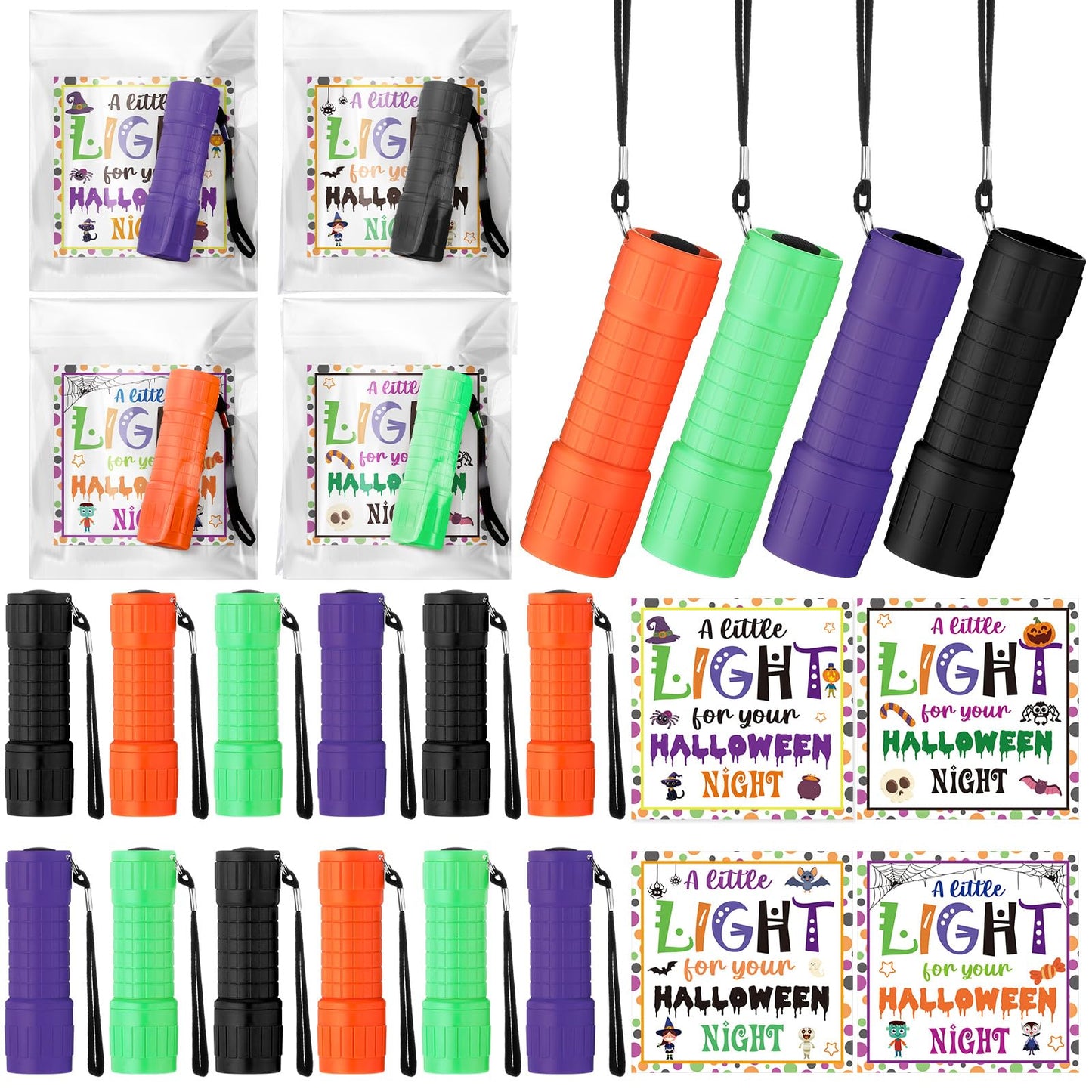 Flutesan 24 Sets Halloween Gifts Bulk Flashlights Set with a Little Light for Halloween Night Cards 9 LED Handheld Lights with O