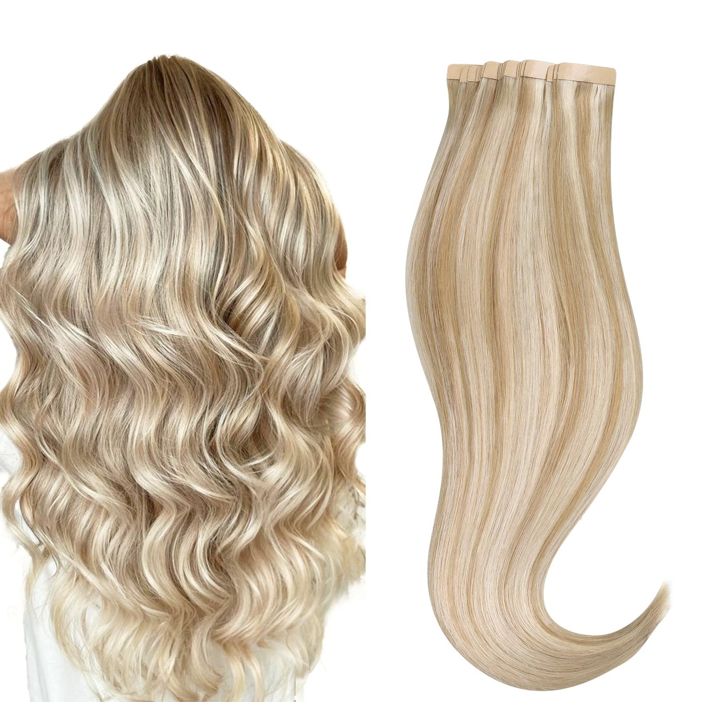 HOTBANANA Tape in Hair Extensions - 16 Inch 20pcs 50g Dirty Blonde Mixed Bleach Blonde - Straight Remy Human Hair
