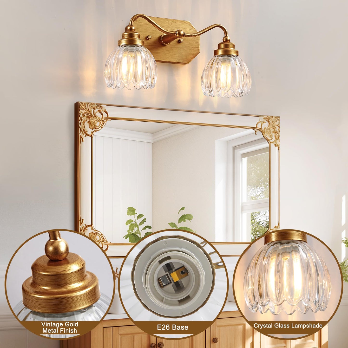 Cmnvmn Vintage Bathroom Light Fixtures  2 Light Gold Bathroom Vanity Light  Matte Antique Brass Finish With Crystal Glass Shade  Wall Sconces Lighting For Bedroom  Living Room  Hallway
