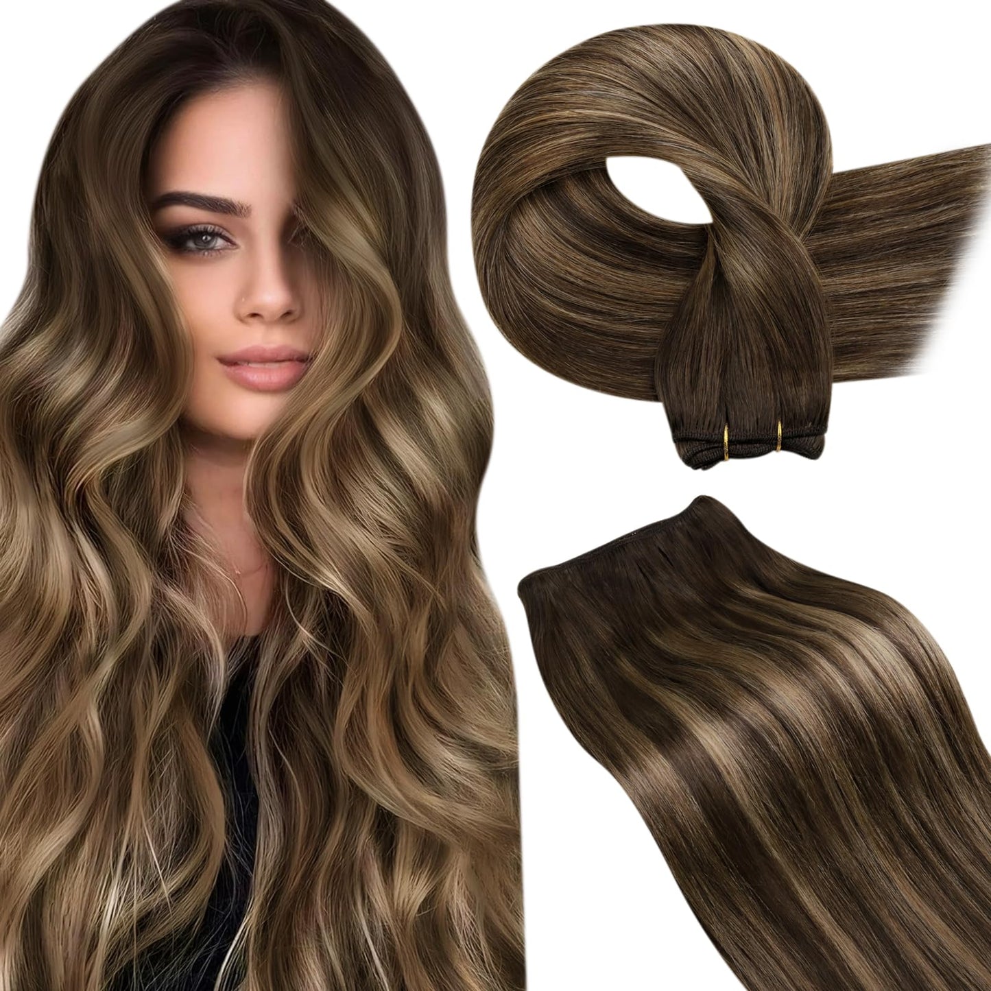 LaaVoo Sew in Hair Extensions Real Human Hair Straight Weft Extensions Brown Balayage Caramel Blonde Mix Brown Sew in Weft Hair