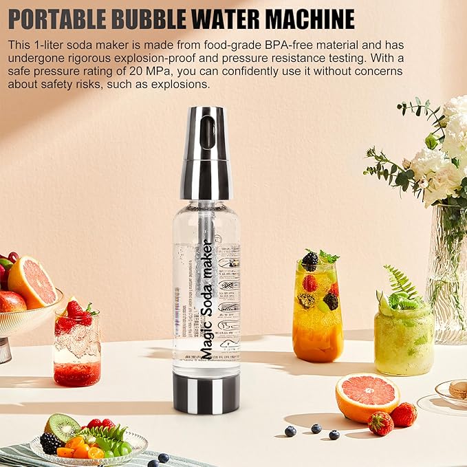 Sparkling Water Maker, Portable Soda Maker with 1L PET Carbonating Bottles, Soda Water Maker for Flavored Drinks, Soda Machine (Silver)