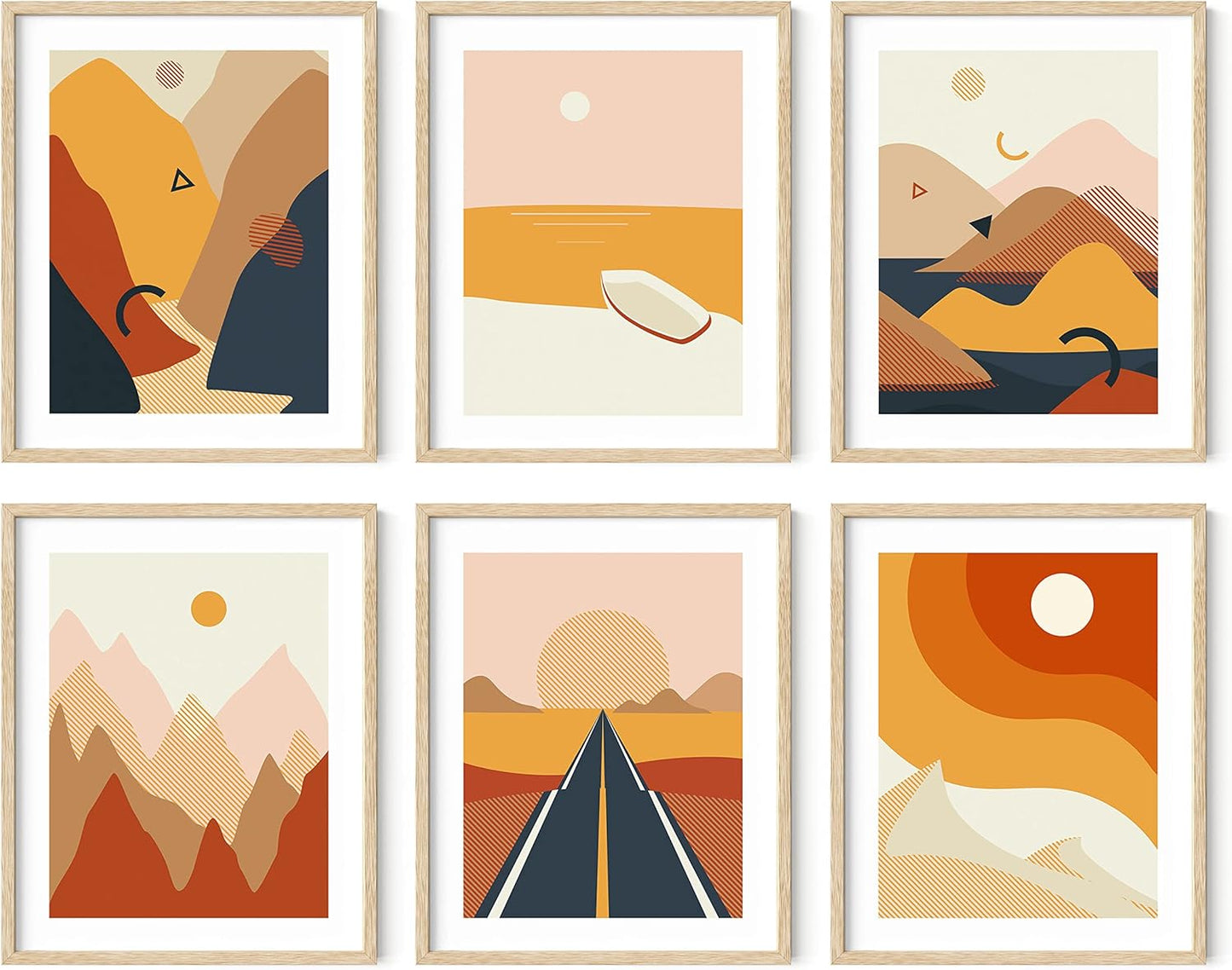 HAUS AND HUES Abstract Minimalist Landscape Wall Art - Set of 6 Modern Aesthetic Mountain Posters | Minimal Geometric Nature Paintings 8"x10" UNFRAMED