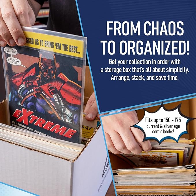 Bundle Set - Premium Short Comic Book Storage Box (3 Pack - White). Thick Cardboard Comic Book Box/Cabinet. Comics Books Bin for 150-175 Collectibles & Black Comics Books Dividers (25 Pack)