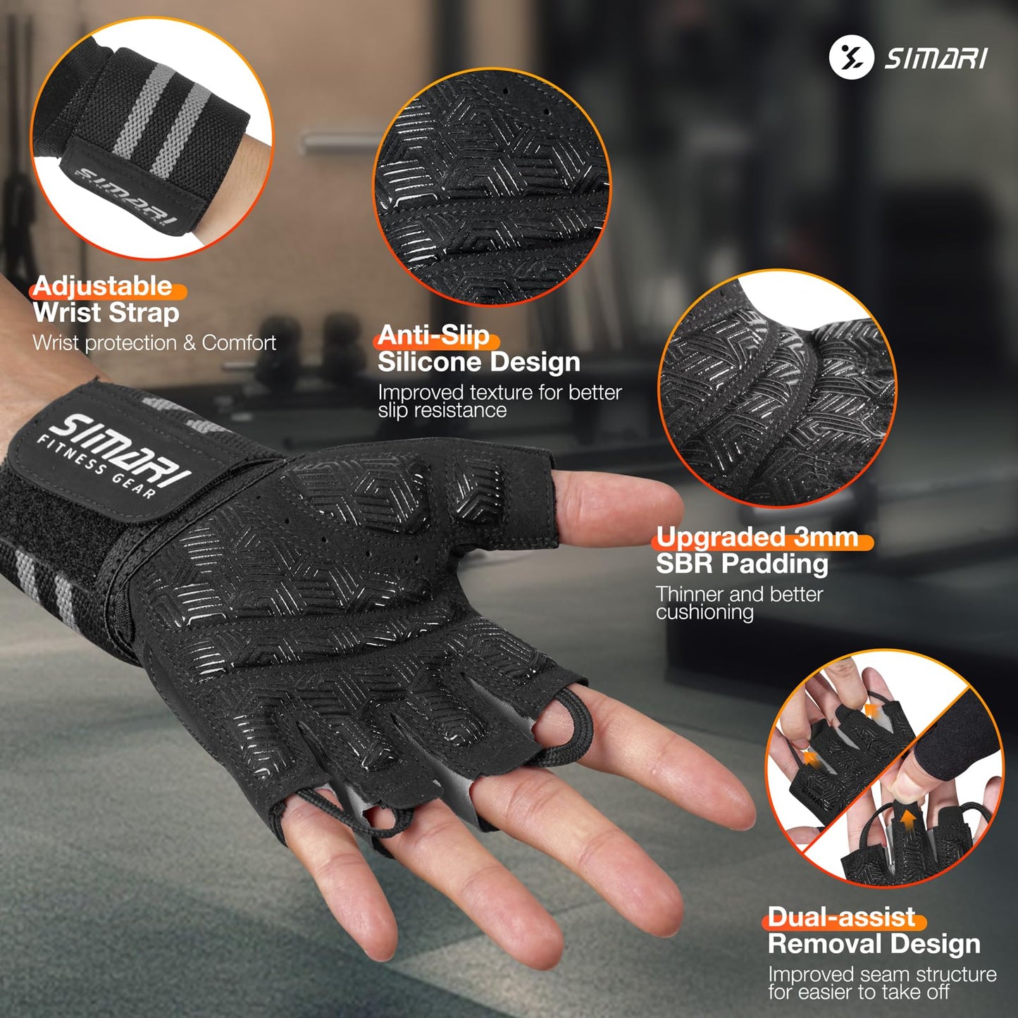 SIMARI Wrist Support Workout Gloves for Men & Women, Weight Lifting Gloves with Padded, Grip, Full Palm Protection, Gift for Gym Exercise, Cycling, Weightlifting Training, Fitness, Black Gray, Size XL