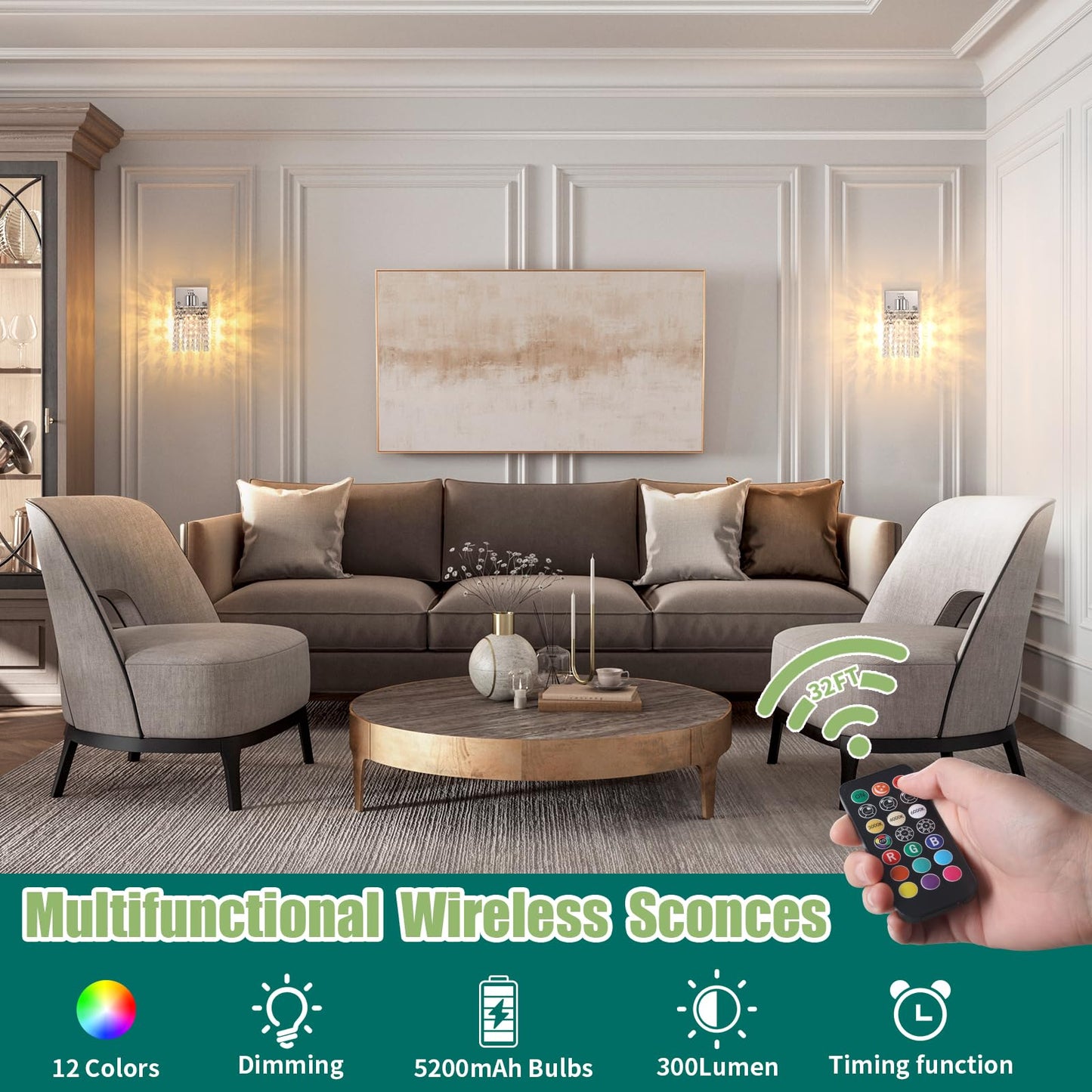 Shenmoyl Wall Sconce, Rechargeable Crystal Lamp, Dimmable Wireless Fixture, 1 Light, Clear-Silver Base, Model 1-73090-wlamp