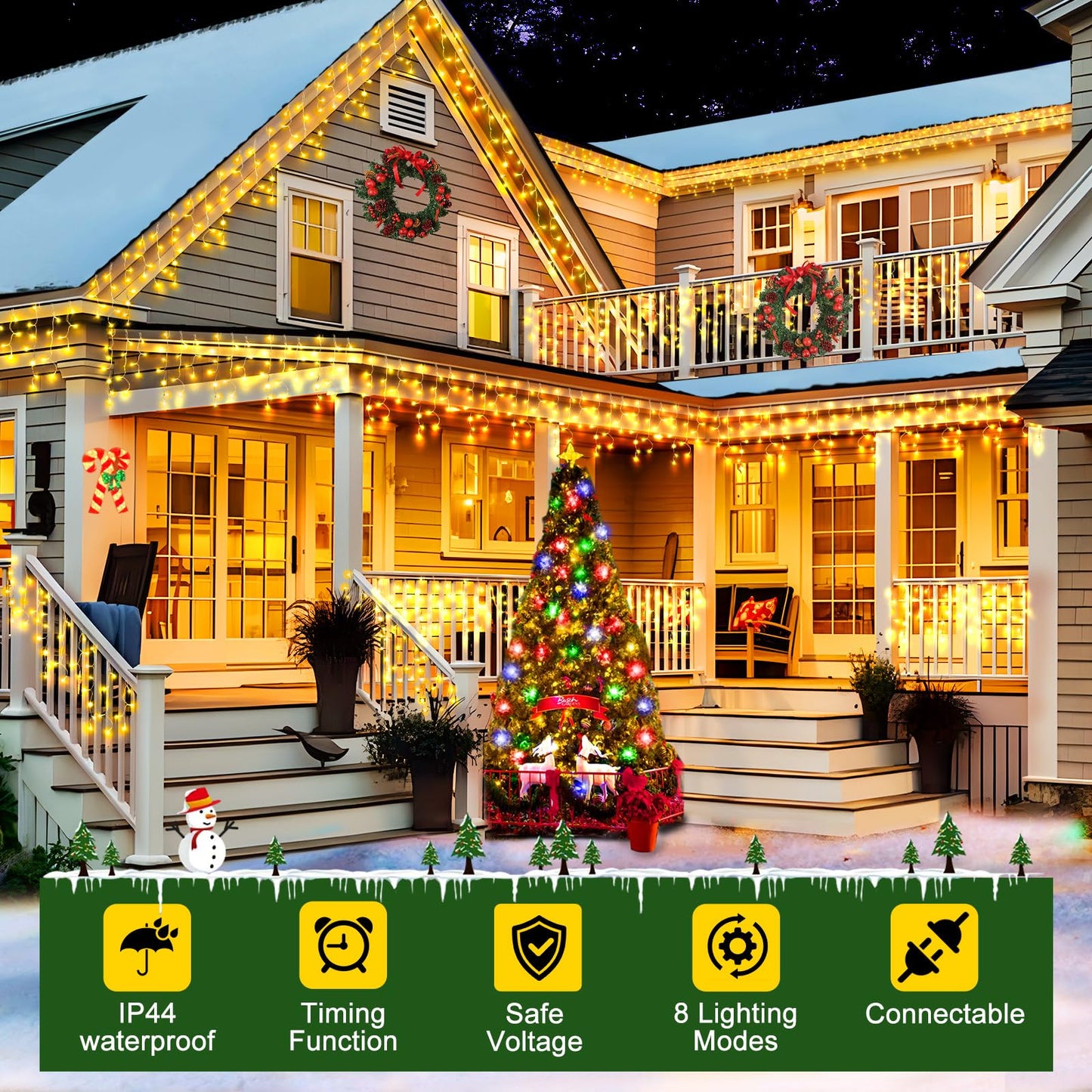 Sauirs 2Pack 320 Led Christmas Lights Outdoor Decorations With 120 Drops Timer 8Mode 66Ft Curtaing Lights Waterproof Plug In Fairy Lights For Indoor Xmas Party Patio Window Trees Decor(Warm White)