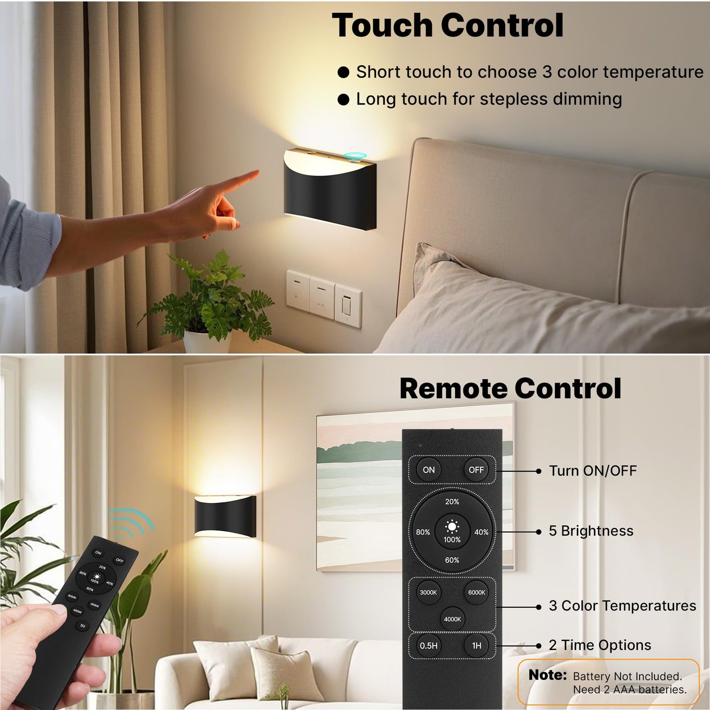 FOLKSMATE Battery Operated Wall Sconces Set of 2, 8000mAh Rechargeable, Remote & Touch Control, 3 Color Temperatures, Black