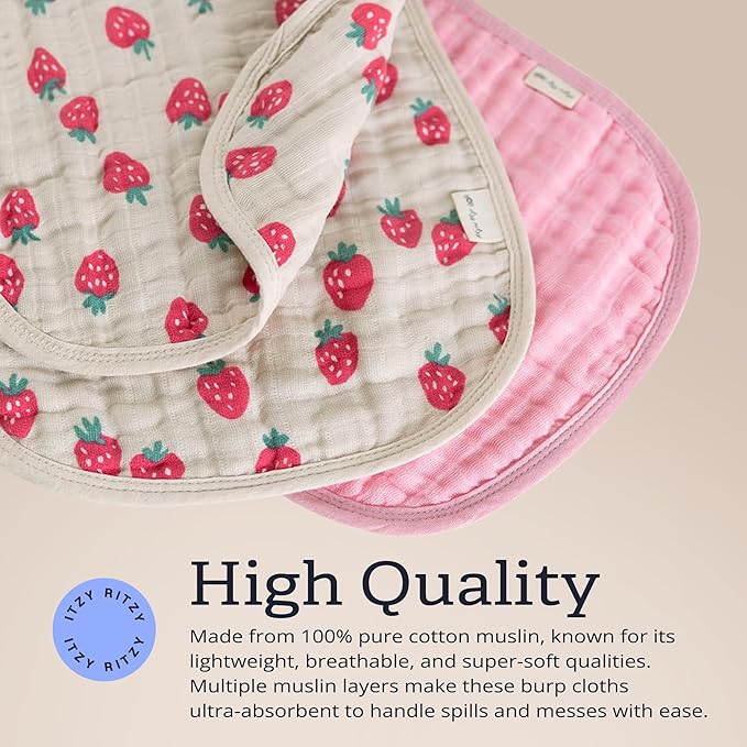Itzy Ritzy Set of 2 Baby Burp Cloths – Ultra-Soft Absorbent Burping Cloths for Babies - Made of 100% Cotton Muslin and Generously Sized with Trendy Coordinating Prints – Machine Washable (Strawberry)