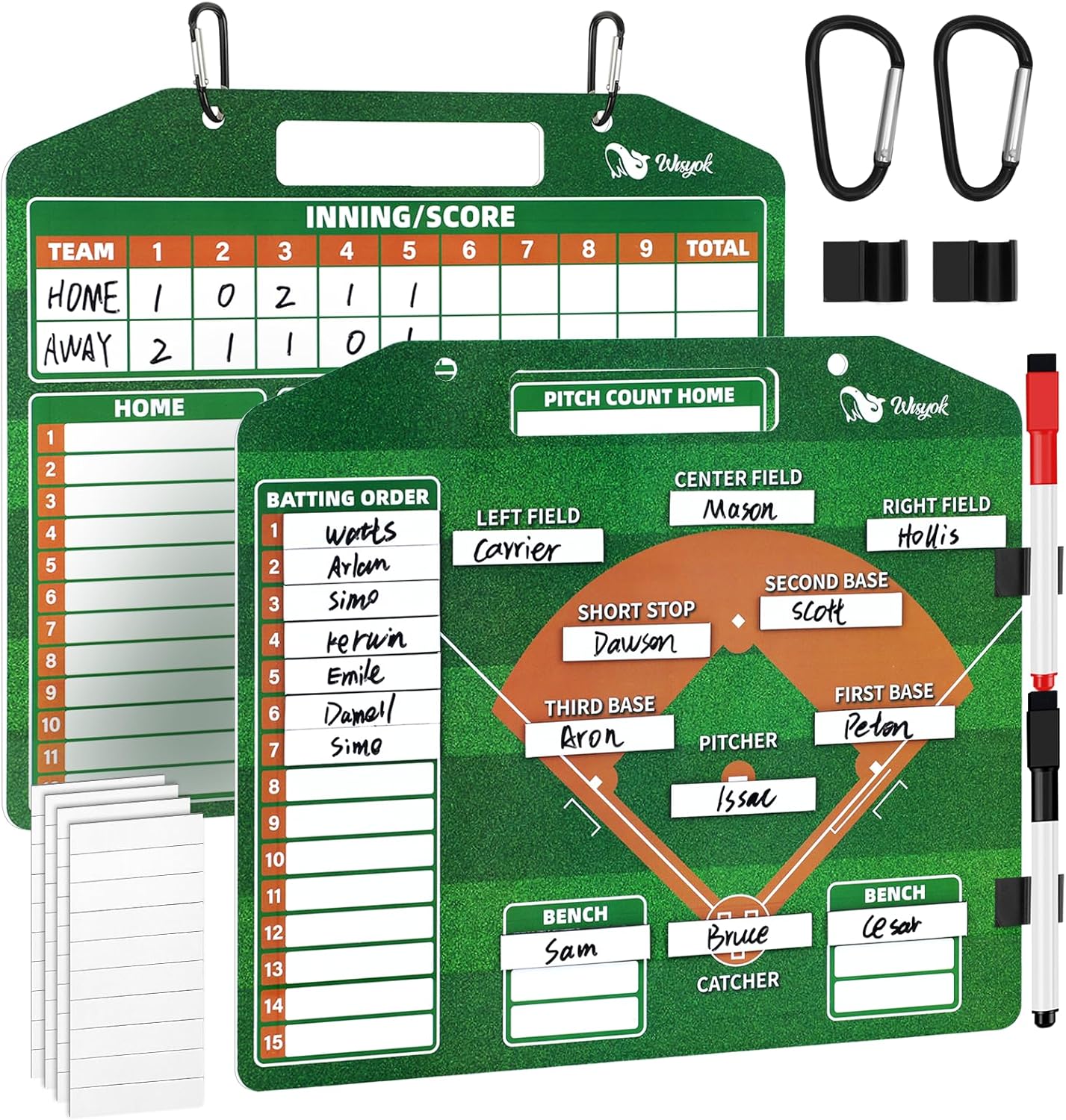 WISYOK Double-Sided Magnetic Baseball Lineup Board for Dugout, Includes 40 Lineup Cards, Dry Erase Clipboard for Scoring, Coach’s Baseball Board