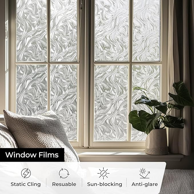 Window Privacy Film, Removable Static Cling, Stained Glass Decorative Window Film, Vinyl Covering for Home Kitchen Living Room, Ocean Current, 17.3" x 78.7"