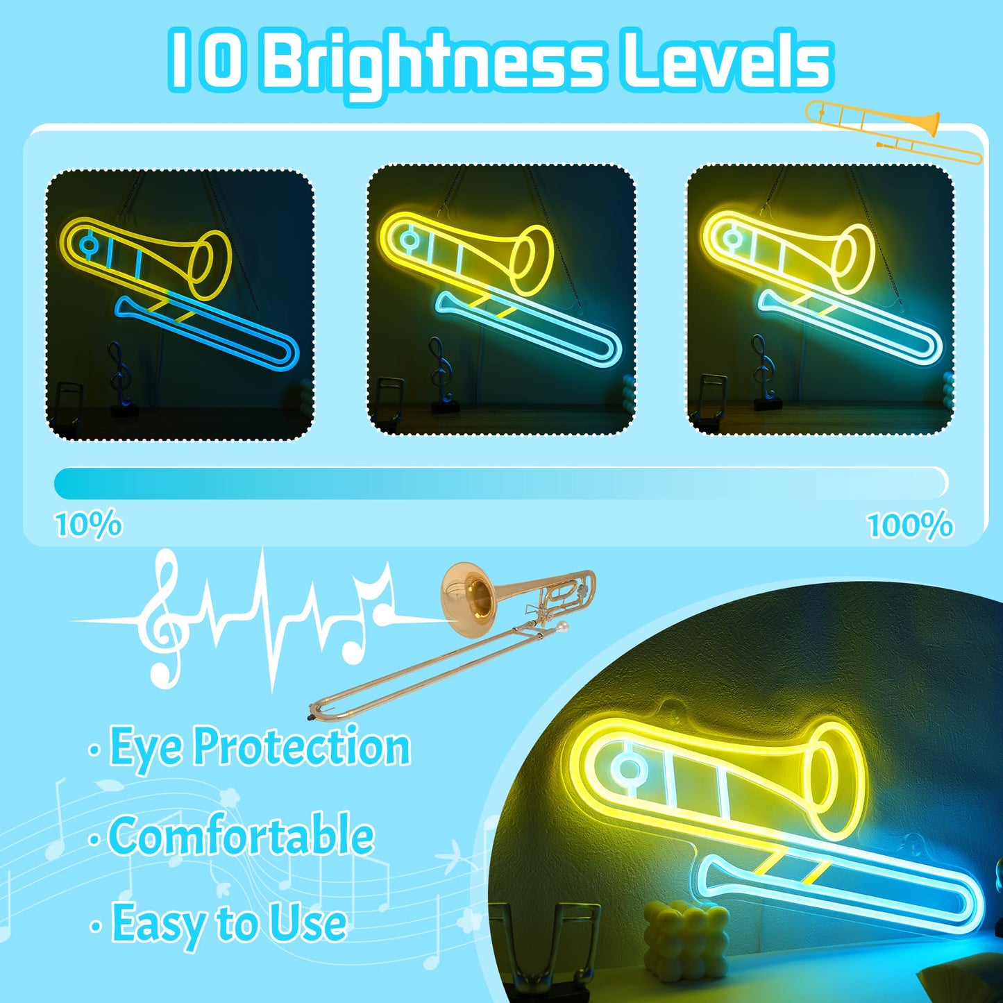 CoolGift Mart Trombone Neon Sign, Dimmable LED Trombone Room Decor Light With USB Powered, Decorations for Bedroom Living Room Club Music Studio, Gifts for Trombone Enthusiasts Music Lovers