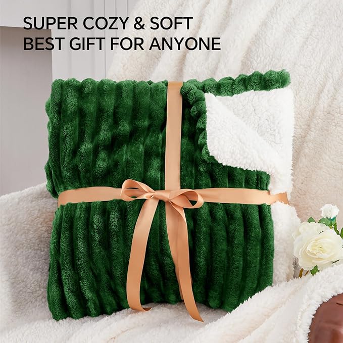 INFIIXSO Sherpa Fleece King Size Blanket - Super Soft & Warm Striped Fleece, Cozy Plush Fluffy Large Bed Blanket All Season Use (Dark Green, 104x90 Inches)