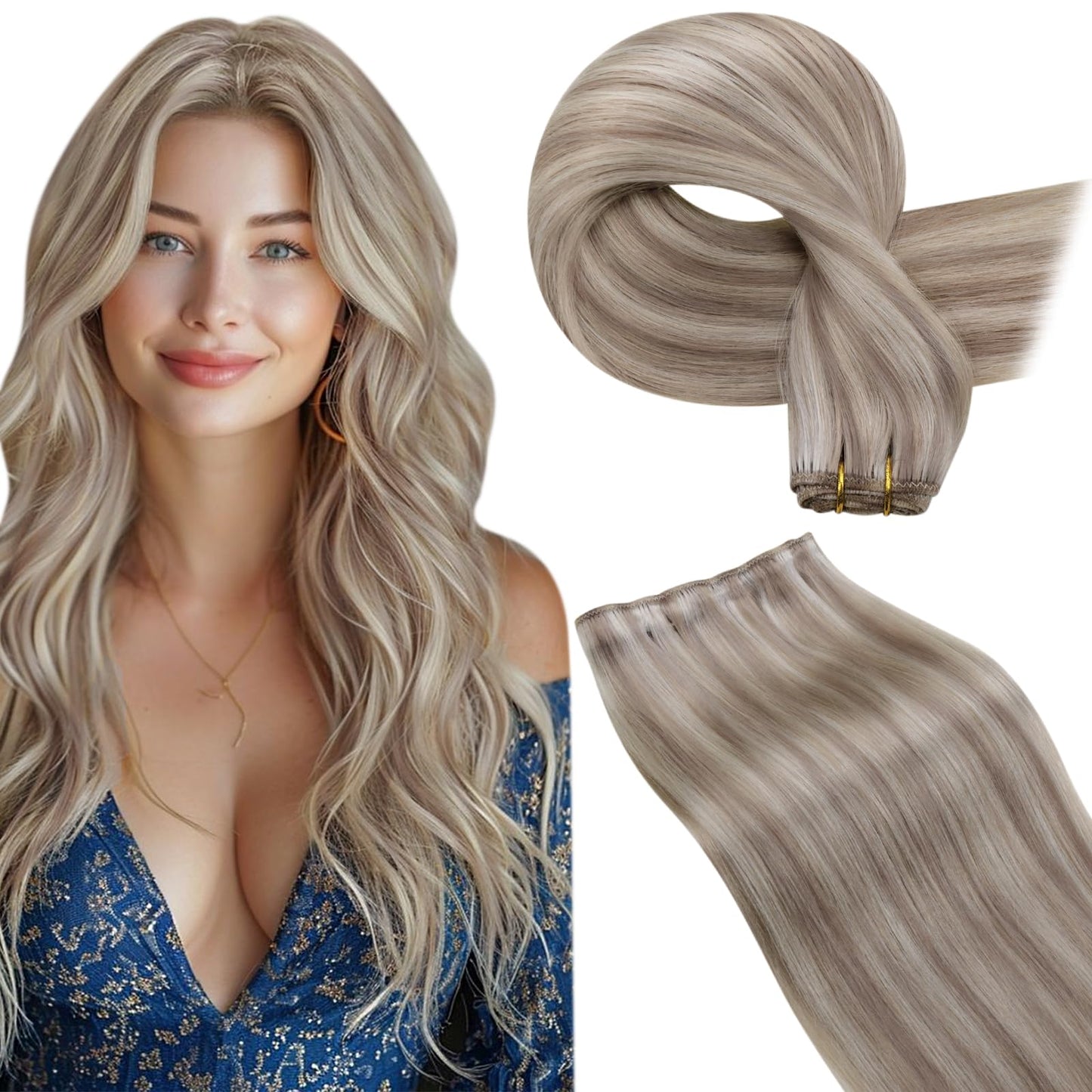 LaaVoo Sew in Hair Extensions Blonde Remy Human Hair Weft Extensions Ash Blonde Highlighted Bleach Blonde Sew in Weft Hair Exten