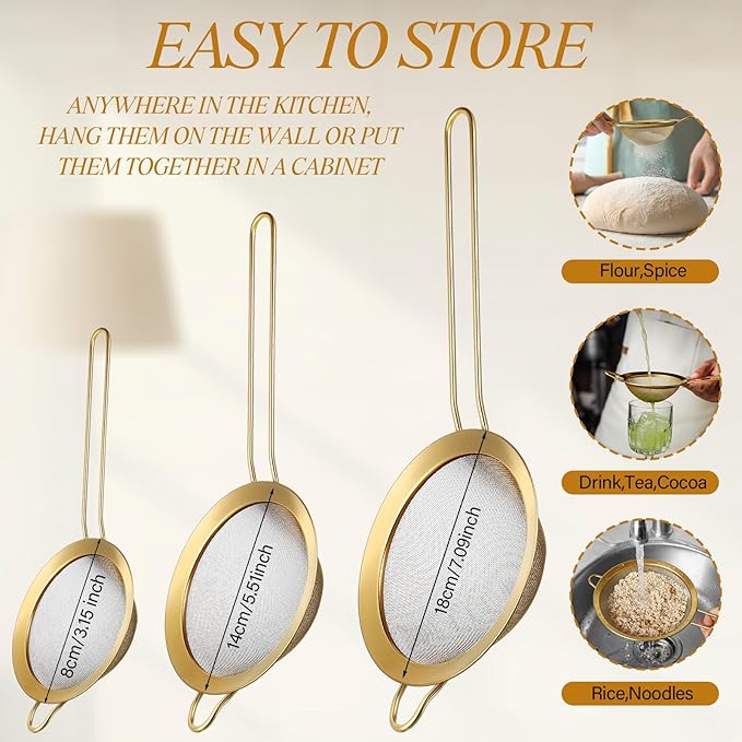 LemonRoad Gold Over the Sink Colander with Expandable Handles and 3 Pcs Gold Fine Mesh Strainer Large Stainless Steel Colander Strainer Basket for Kitchen Accessories (15-18.1 L x 10.6 W x 2.4 H)