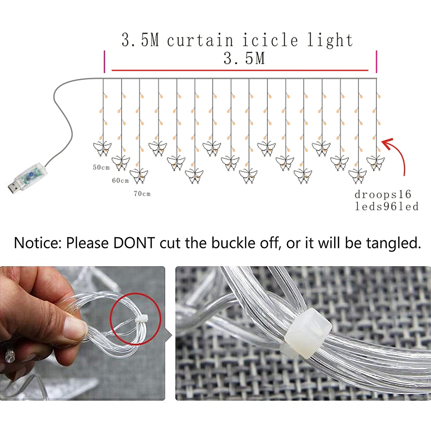 Decorman Butterfly Curtain Lights, 13ft USB LED Fairy Lights, 96 Lights, 8 Modes, Purple, Model CLD-B-R-001