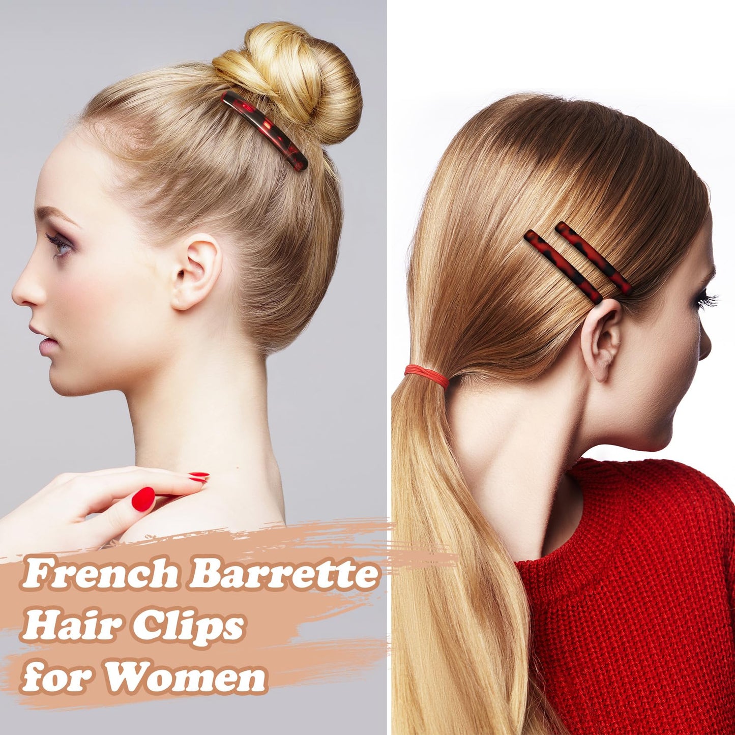 STSTR 4PCS French Barrette Hair Clips for Women, 2 Styles Small Tortoise Shell Hair Clip, Curved Glossy/Frosted Thin Hair Flat H