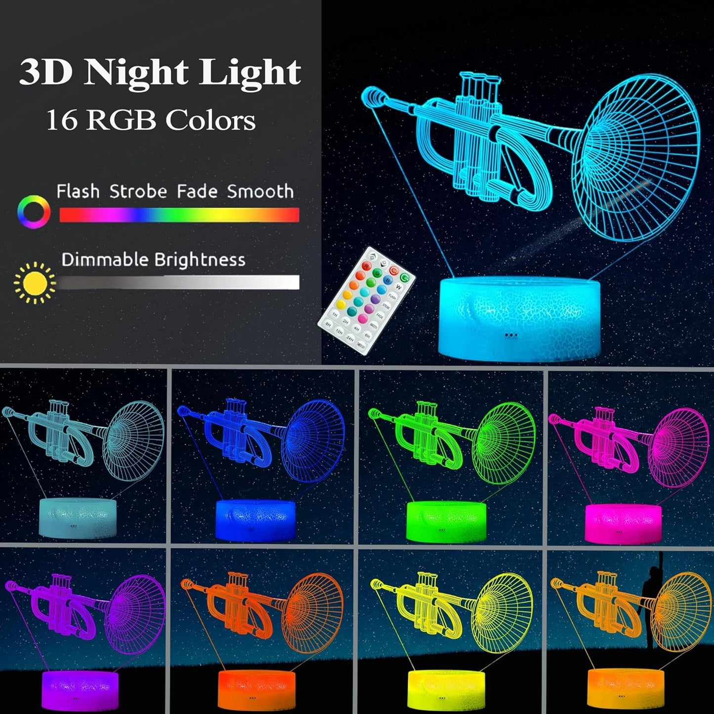Trumpet Night Light, Trumpet Gifts, 3D Illusion Lamp with 16 Colors Changing, Timer, 4 Flash Modes and Dimmable, Kids Boys Girls Room Decoration, Holiday Xmas Gifts