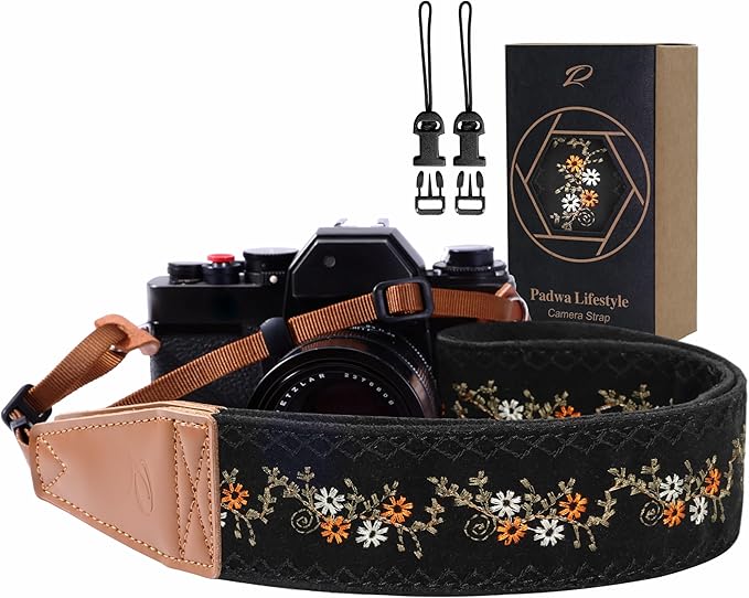 Padwa Lifestyle Camera Strap - 2" Full Grain Leather Ends Camera Straps for Photographers, Vintage Embroidered Cotton Weav...