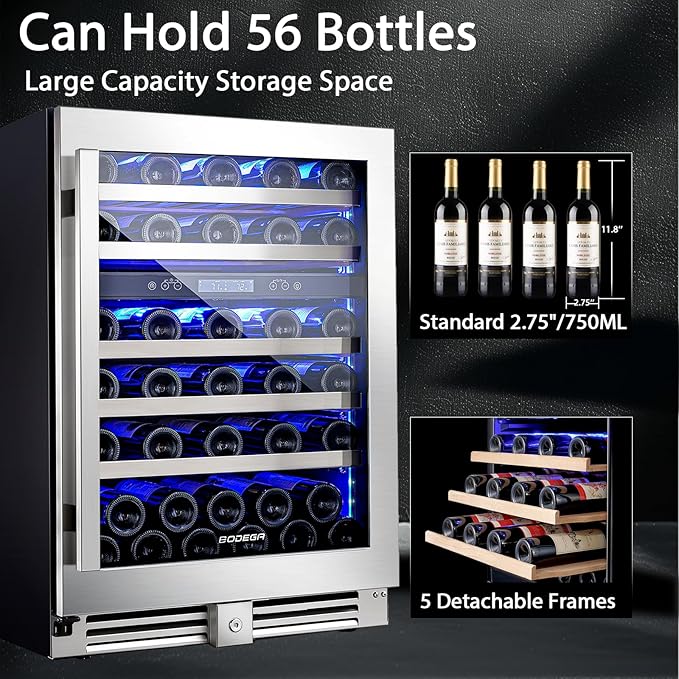 BODEGA 24 Inch Wine Cooler,56 Bottle Wine Refrigerator Dual Zone, Built-In and Freestanding Wine Fridge,with Quick and Silent Cooling System for Red, Rose and Sparkling Wines,Stylish Look