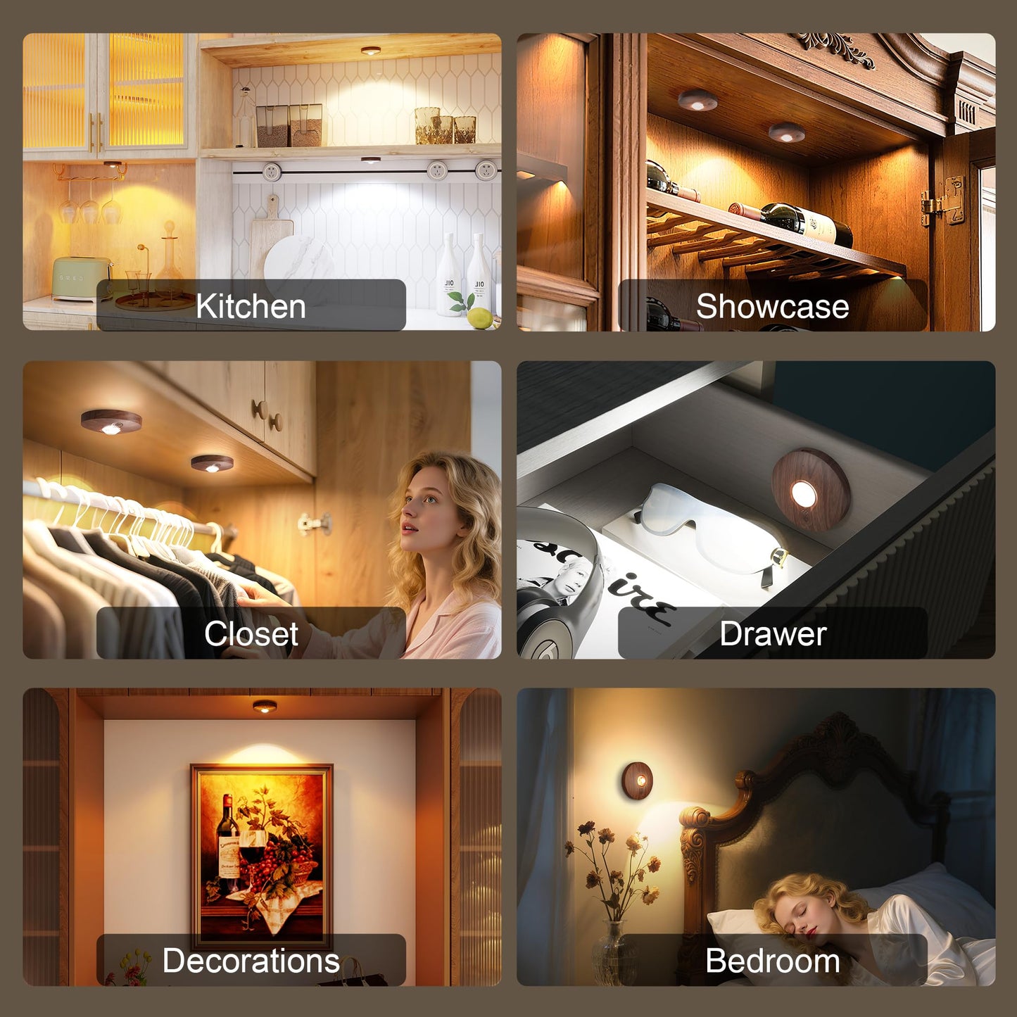 UNUSROOM Rechargeable Puck Lights with Remote, Dimmable, 2000mAh Battery, Magnetic Mount, Dark Wood, Model T065