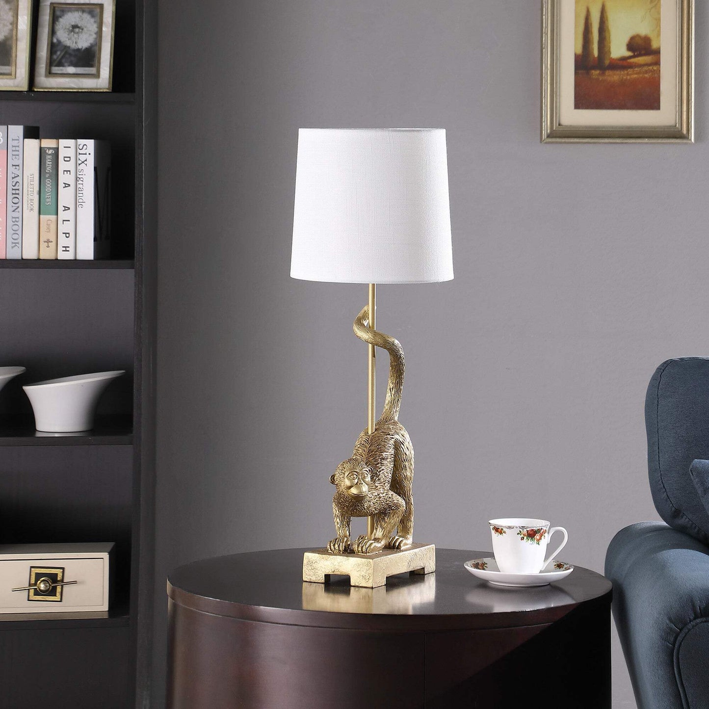 Homeroots Gold Monkey Table Lamp With White Drum Shade, 24 X 9 X 9 In., Model 524262