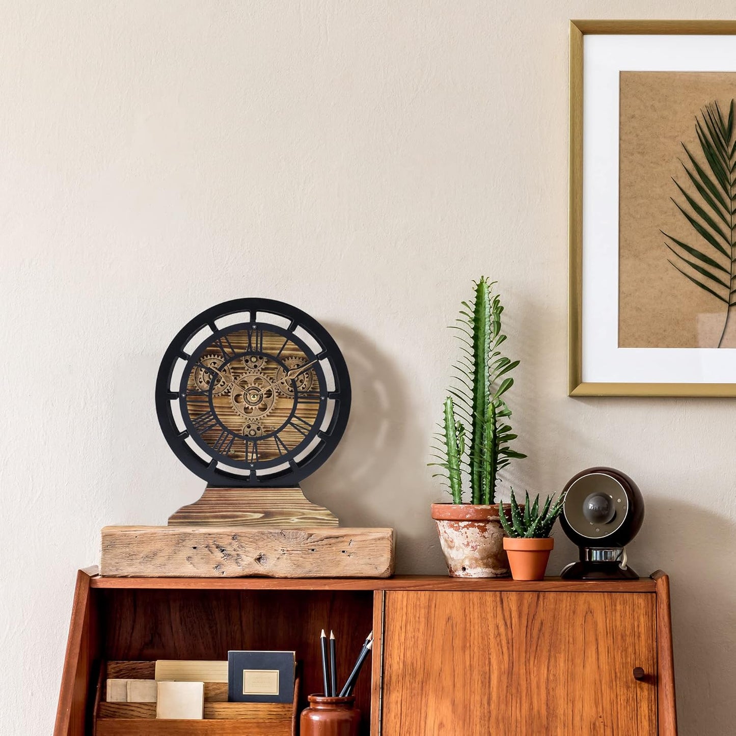 Lafocuse Small Wooden Black Wall Clock with Moving Gears for Living Room Home Decor, Farmhouse Rustic Desk Clock, Vintage Mantel Clocks, 10 Inch