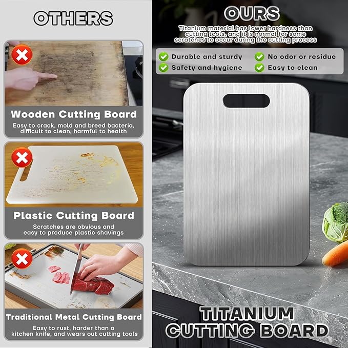 Katuchef Titanium Cutting Boards for Kitchen 100% Pure Ti Katu chef Titanium Cutting Board set Double Sided Non Toxic Titanware Chopping Board,Durable Dishwasher Safe Cutting Boards(1PC-L-9x13.5In)