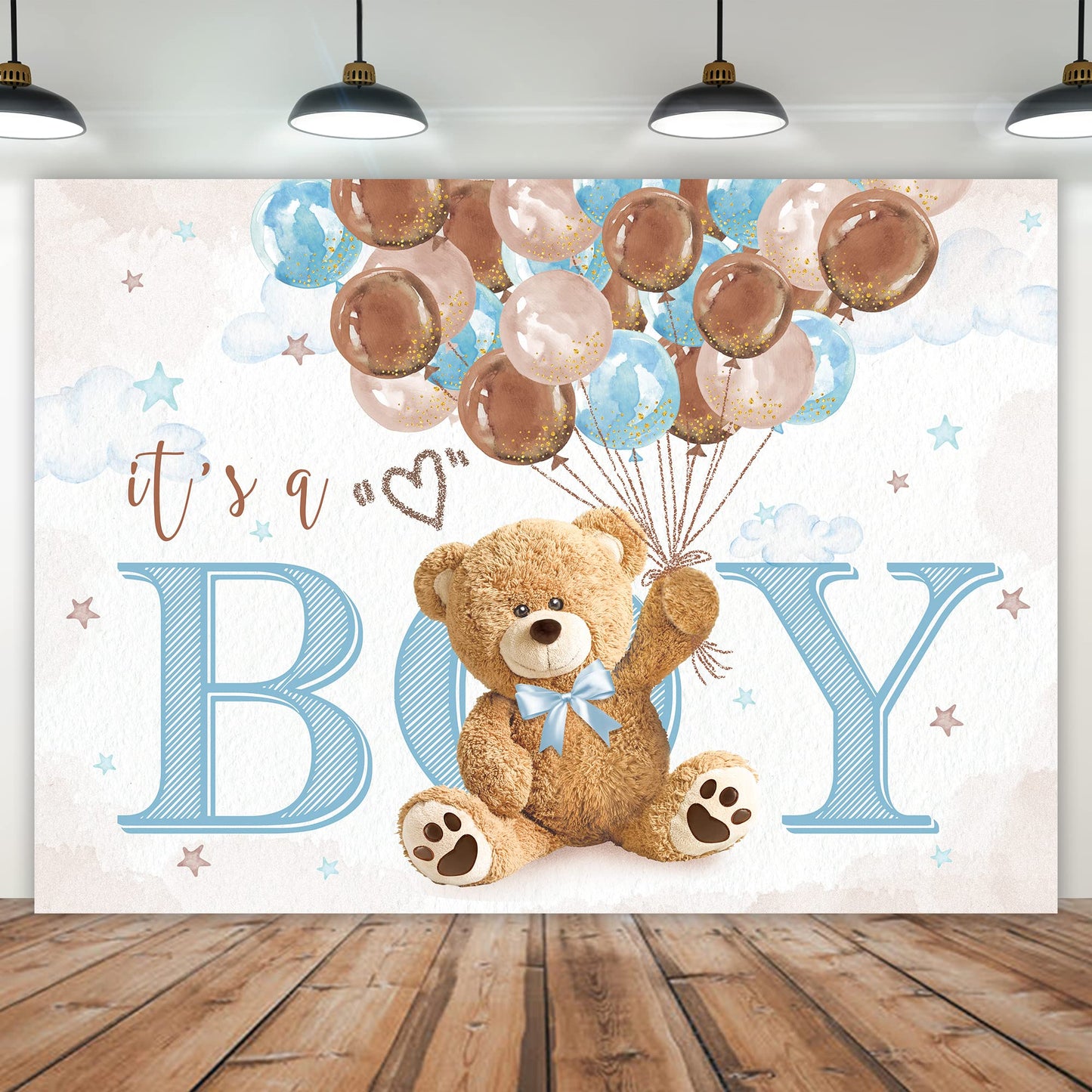 Imirell Boys Bear Baby Shower Backdrop 8Wx6H Feet It S A Boy Cute Blue Brown Watercolor Lovely Cartoon Balloons Polyester Fabri