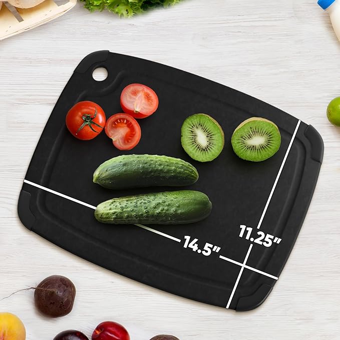 Dishwasher Safe Cutting Boards for Kitchen - Large Composite Wood Cutting Board with Non-Slip Feet & Juice Groove - Thin & Lightweight Eco-Friendly Chopping Board (14.5 x 11.25 Inch, Slate Black)