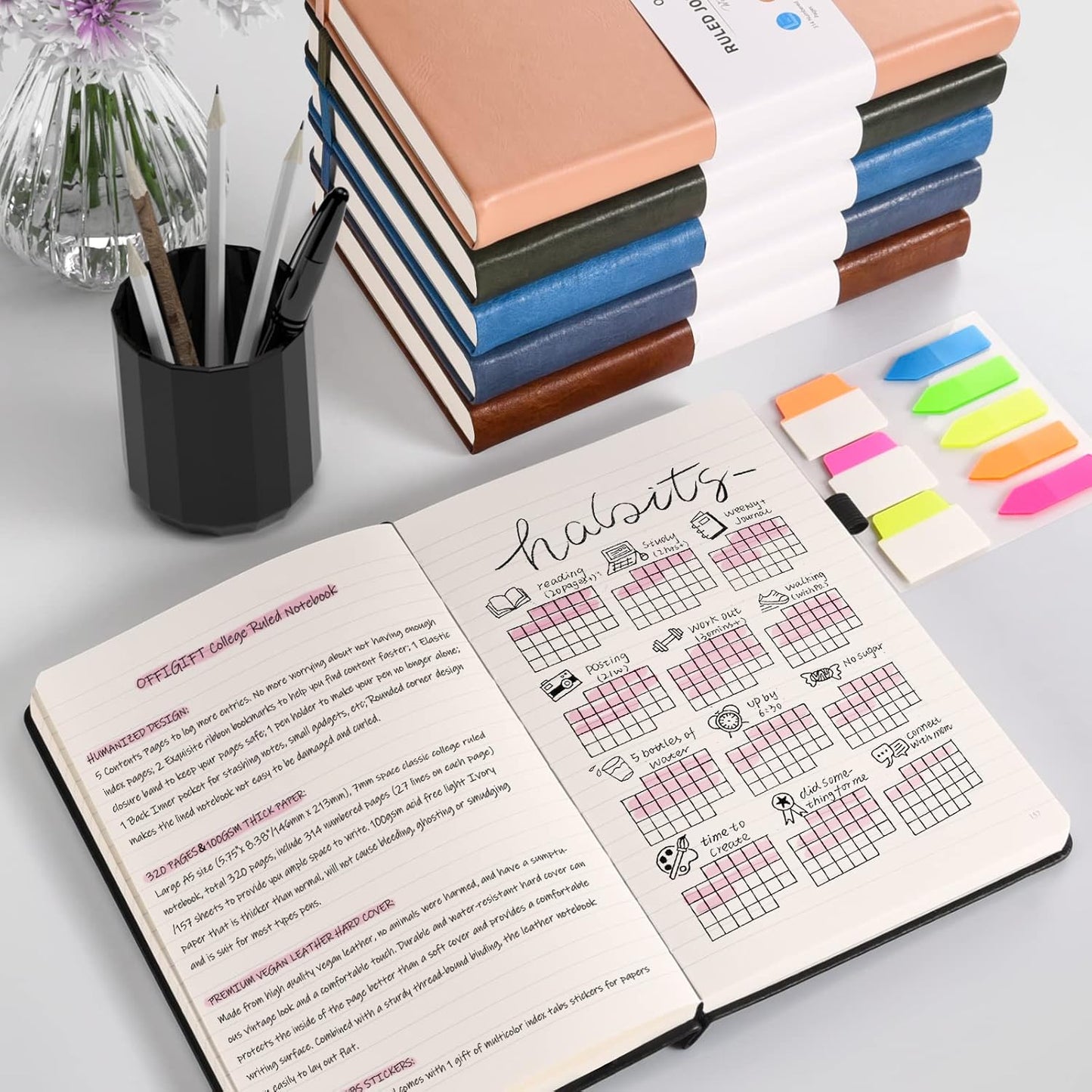 Lined Journal Notebook, Large A5 College Ruled Notebook, 312 Numbered Pages Work Notebook with Index Stickers, 100gsm Thick Paper, Hardcover Vegan Leather Journal for Women Men School Office, Black