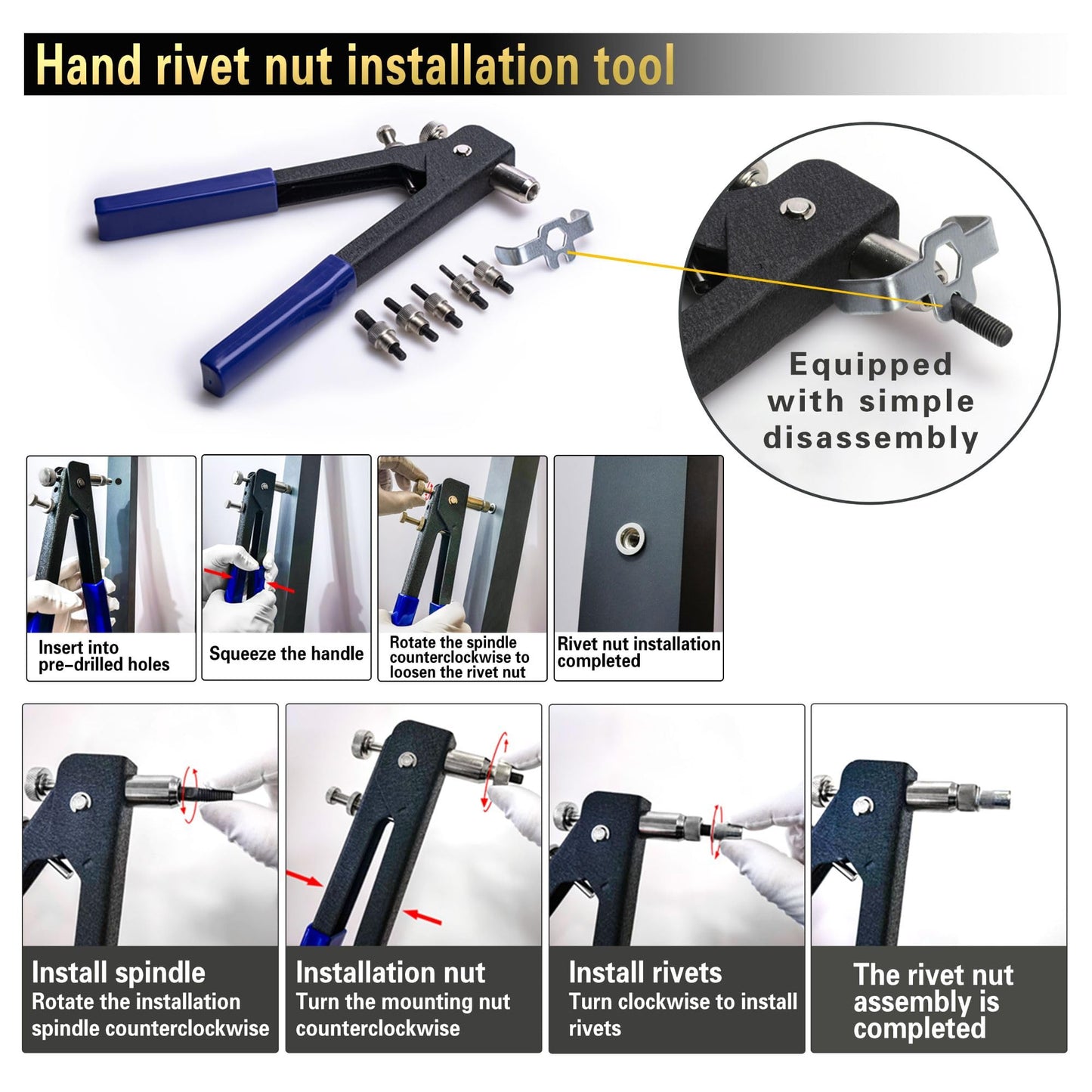 Pressure Rivet Nut Tool Kit, 430Pcs Metric Rivet Nut Combination (M8/M6/M5/M4/M3), Suitable for Furniture, Decoration, Automotive, Marine and Industrial Applications