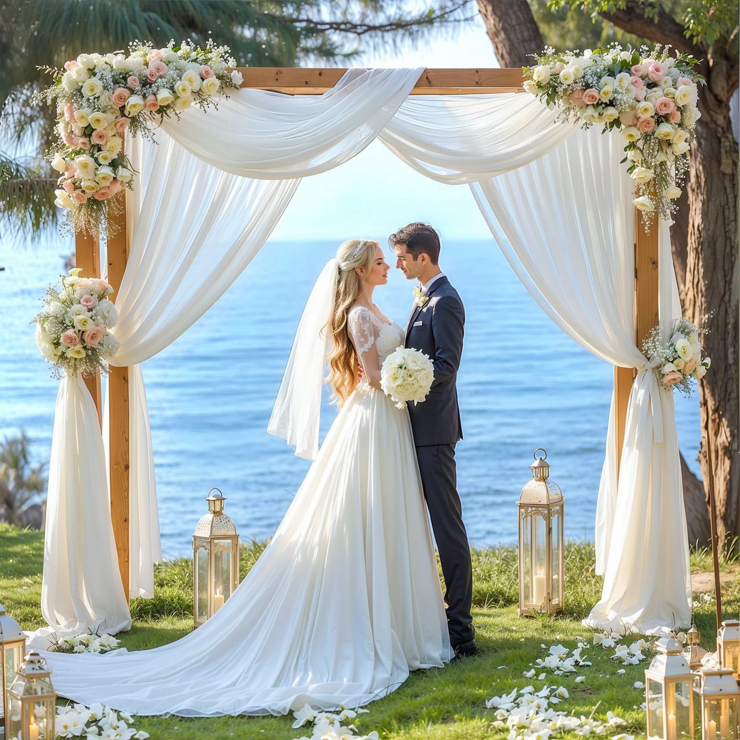 Wedding Arch Draping Fabric,2 Panel 28 X 19Ft White Arch Drapery Sheer Backdrop Curtain For Wedding Ceremony Party Ceiling Decor