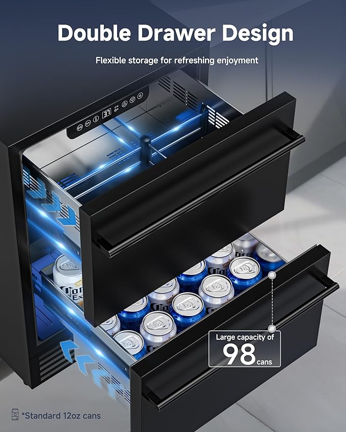 24 Inch Under Counter Fridge, Outdoor Refrigerator with Dual Drawers, Stainless Steel Door, Fast Cooling, Low Noise, Grid Organizers, Drawer Fridge for Home, Outdoor & Commercial (Black)