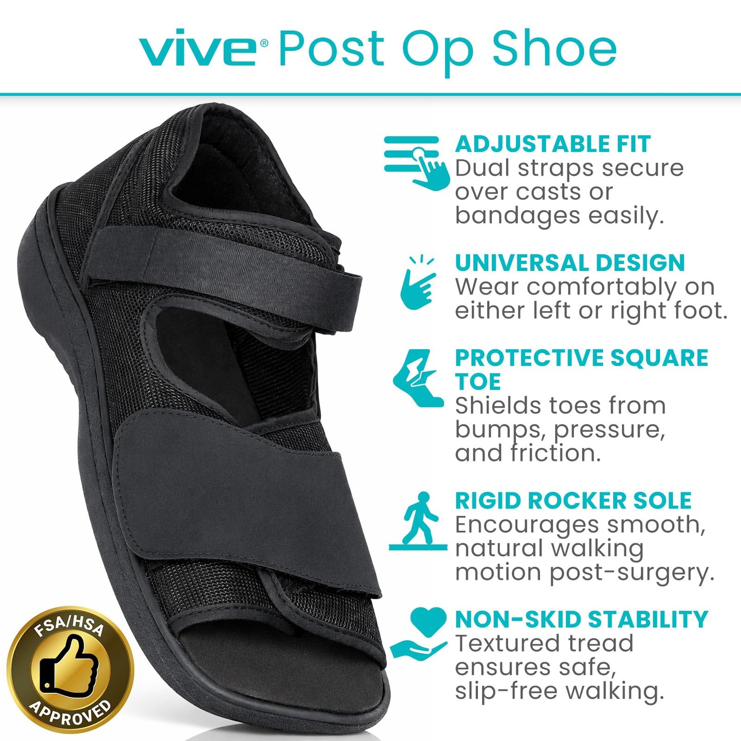 Vive Post Op Shoe - Lightweight Medical Walking Boot with Adjustable Strap - Orthopedic Recovery Cast Shoe for Post Surgery, Fractured Foot, Injured Toes, Stress Fracture, Sprains - Left or Right Foot