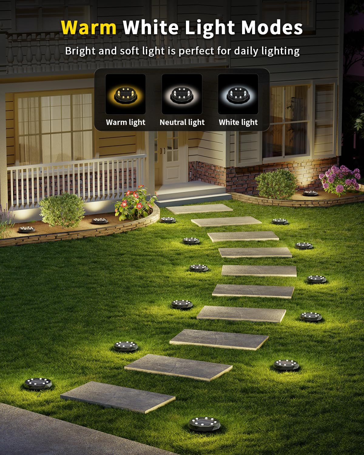 Hicotet Solar Ground Lights, IP67 Waterproof, RGBYW, 15 Multi Color, 12 Pack, Black, Model LNM-CPD-01