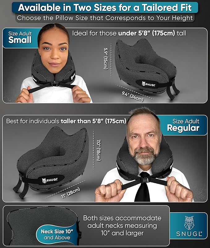SNUGL Neck Travel Pillow - Memory Foam Airplane Pillow - Flight Pillow | Neck Support Travel Pillow with Carry Bag & Clip | Neck Pillows for Sleeping Travel Plane | Flying Travel Essentials, Dark Grey