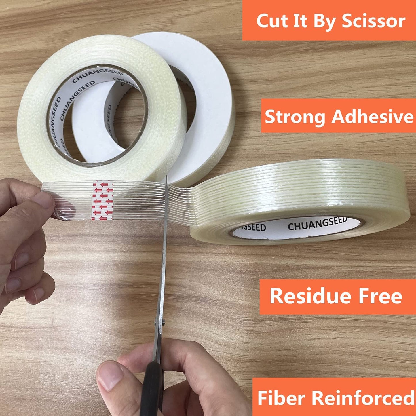 CHUANGSEED 3Pack Mono Filament Strapping Tape 6.2mil x 1Inch x 60yds Commodity Grade Heavy Duty Transparent Reinforced Fiberglass Tape