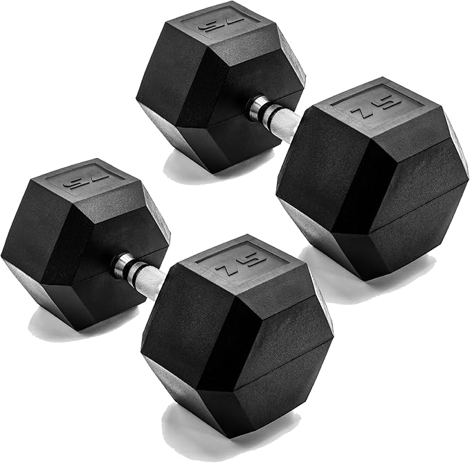 CAP Barbell 75 LB Rubber Coated Hex Dumbbell Hand Weight - Pair | Chrome Handle