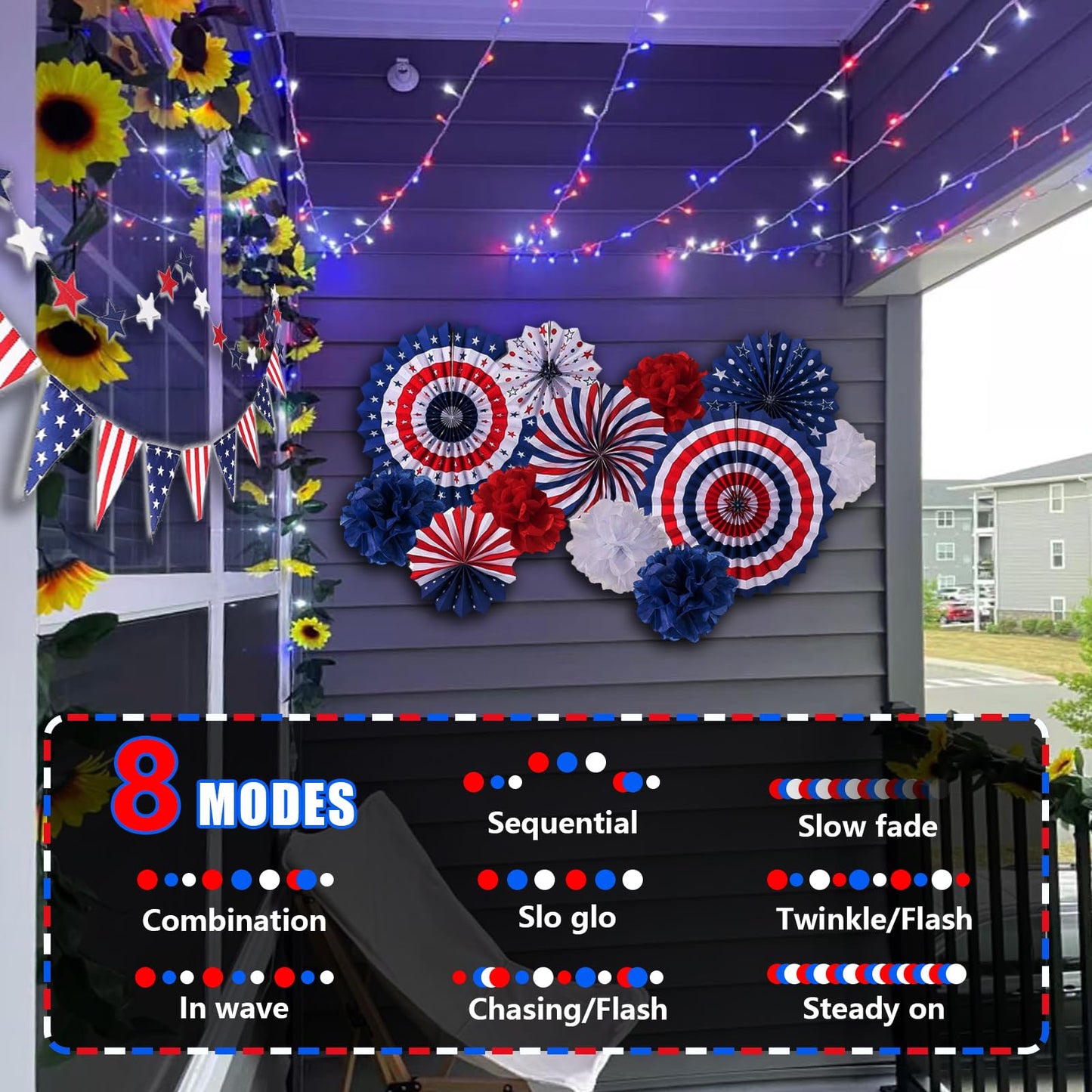 Yeguo 165Ft 500 Led Red White And Blue Lights  4Th Of July Decorations String Lights Plug In Indoor Outdoor  8 Modes Clear Wire Patriotic Light For Independence Day Holiday Memorial Day Party Decor