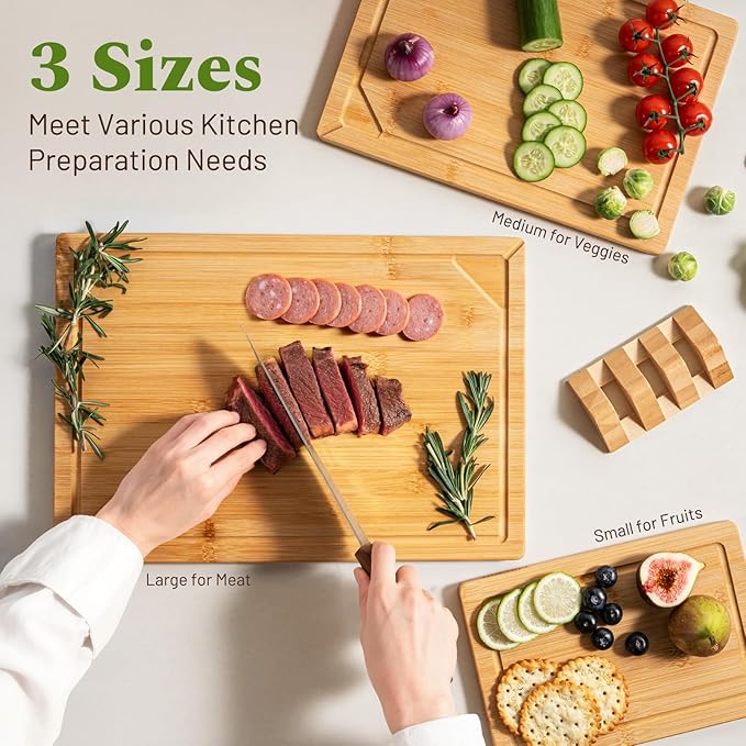 Kikcoin Bamboo Cutting Board for Kitchen, 3 Piece Wood Cutting Boards Set with Stand and Non-slip Feet, Knife Friendly Chopping-Board with Juice Grooves, Lightweight Serving Tray with Built-in Handles