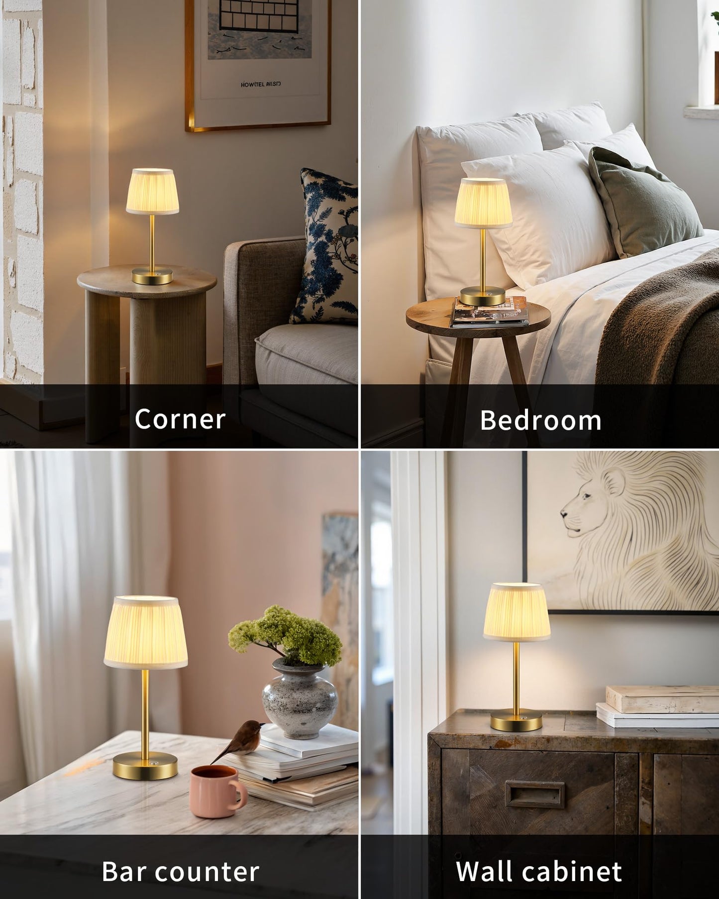 Pusu 2 Pack Cordless Led Gold Table Lamps  Rechargeable 4000Mah 3 Way Dimmable Bedside Small Lamp With Fabric Shade  Lighting For Bedroom  Kids Room  Bathroom  Kitchen  Decor  Gift  Night Light