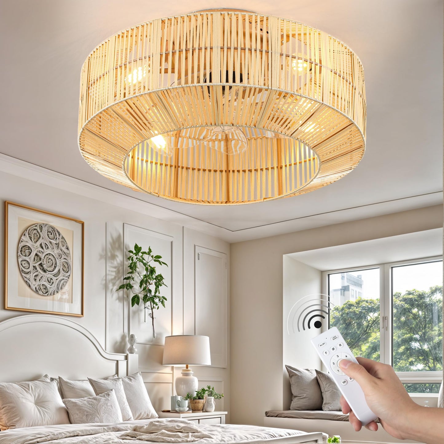 Dwvo 18 Inch Boho Caged Ceiling Fan With Lights, Flush Mount Ceiling Fans With Remote, 6 Speeds, Reversible Blades, Enclosed Fan