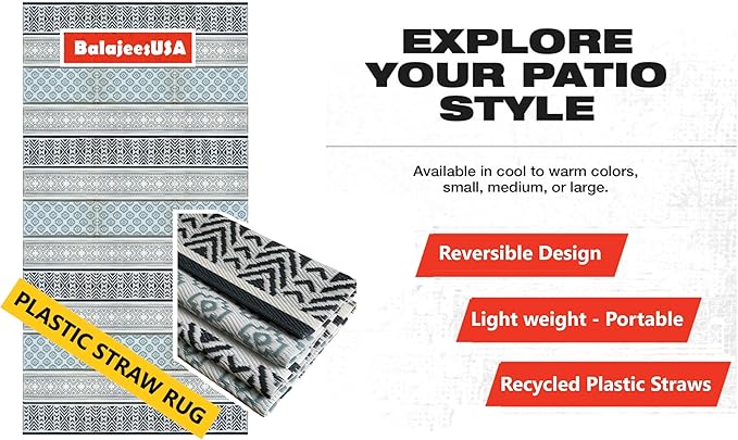 BalajeesUSA Outdoor Plastic Patio Rugs – 6x9, Grey, Teal, Durable and Affordable Multipurpose Woven Plastic Straw Recycled All-Weather and Waterproof Rug Reversible Camper Mats 7018