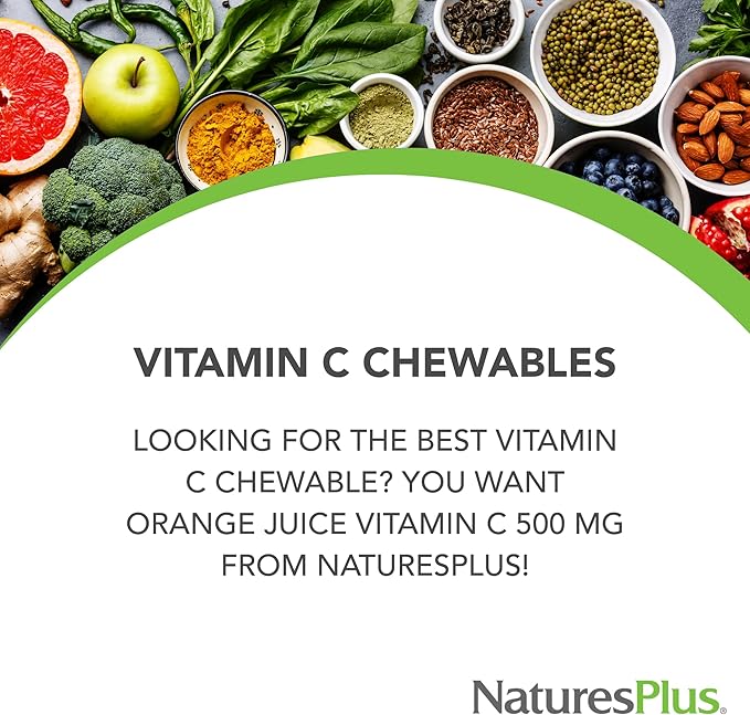 NaturesPlus Orange Juice Vitamin C 500 mg - 180 Chewable Tablets, Pack of 2 - Promotes Optimal Immune Health - Gentle on Your Stomach - Vegan, Gluten Free - 360 Total Servings