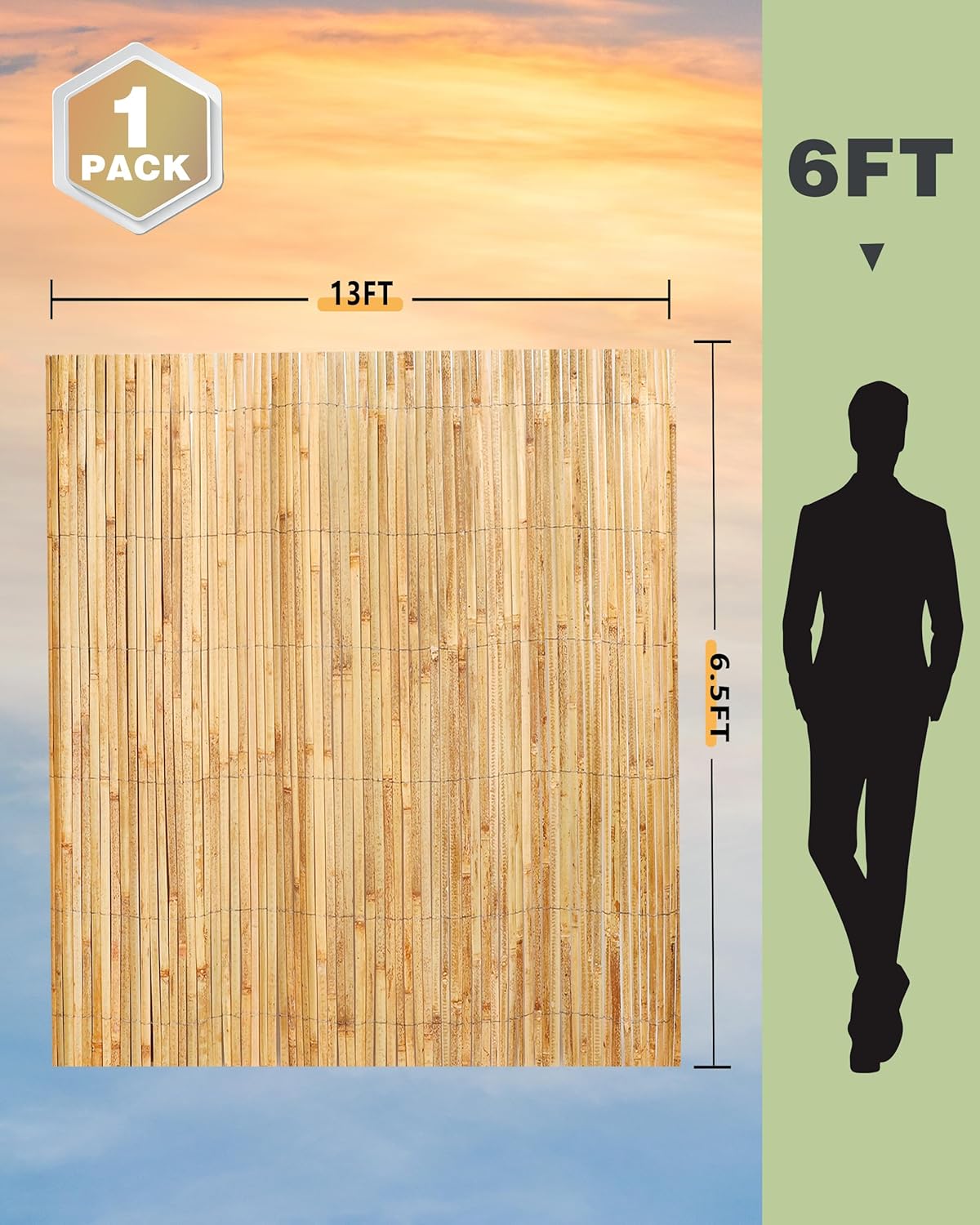 6.5ft x 13ft Bamboo Slat Screening Roll, Natural Bamboo Privacy Fence Panels for Outdoor Garden, Patio, Yard, Balcony, Privacy Screen Divider