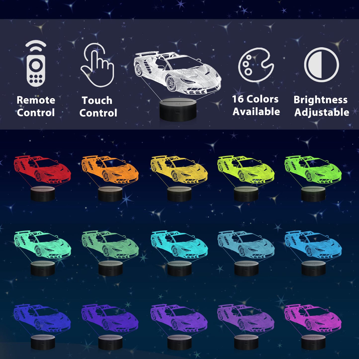 nite 3D Car Lamp with Remote Control, 16 Colors Changing, Holiday Gifts for Kids, Multicolor, Model FS-xxxyyy