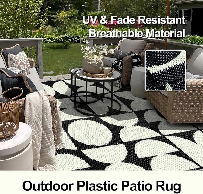 Wonnitar 8x10 Outdoor Rug, Large Waterproof Reversible Outdoor Patio Area Rug, Indoor/Outdoor Plastic Straw Portable Camping Rug for Outside RV Balcony Garden Deck (Black & White,8'x10')