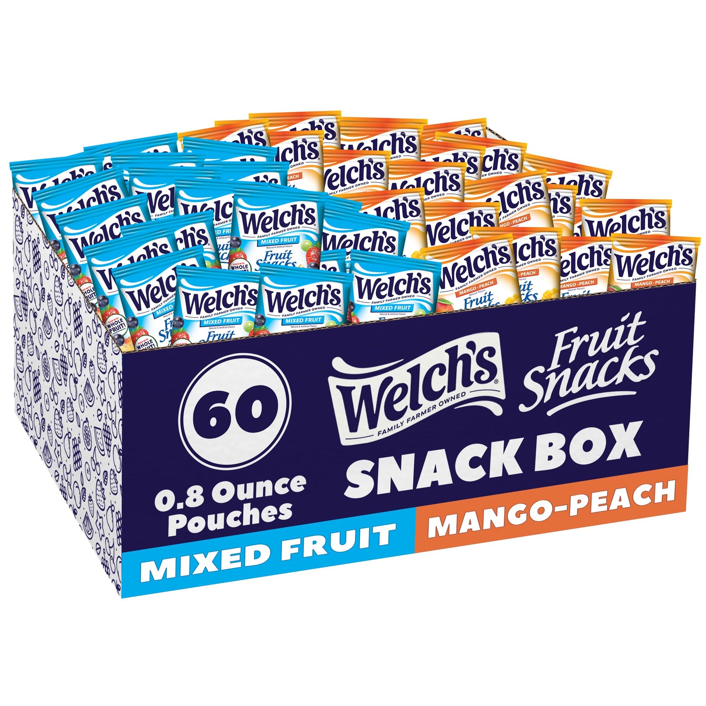 Welchs Fruit Snacks  Mixed Fruit & Mango Peach Snack Box  Gluten Free  Stocking Stuffers  0.8oz Snack Packs (Pack of 60)