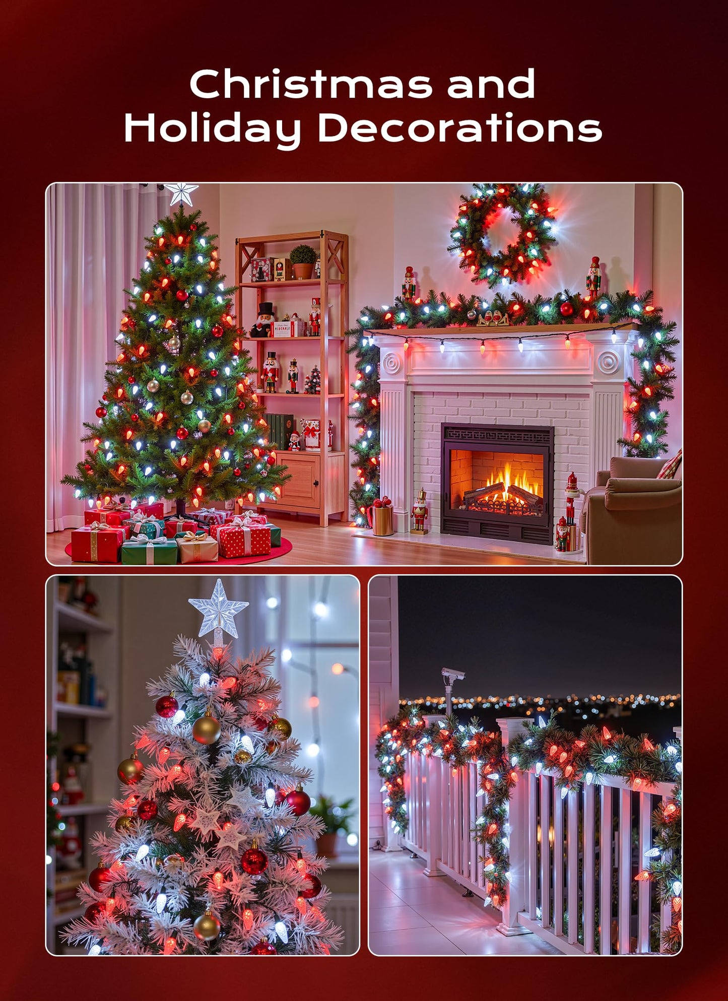 C9 Christmas Lights Outdoor  100 Ft 150 Led Connectable C9 String Lights With 8 Modes And Timer Xmas Tree Patio Roofline Garden Yard Holiday Party Indoor Outdoor Decoration  Red And White